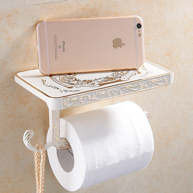 Bathroom Hardware Set  White Paper Mobile Phone Holder Space Aluminum Antique Roll Holder with Shelf Toilet Paper Box Wall Mount