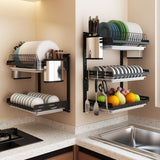 Black stainless steel kitchen rack wall hanging dish rack knife chopsticks drain rack punch / paste put bowl storage rack