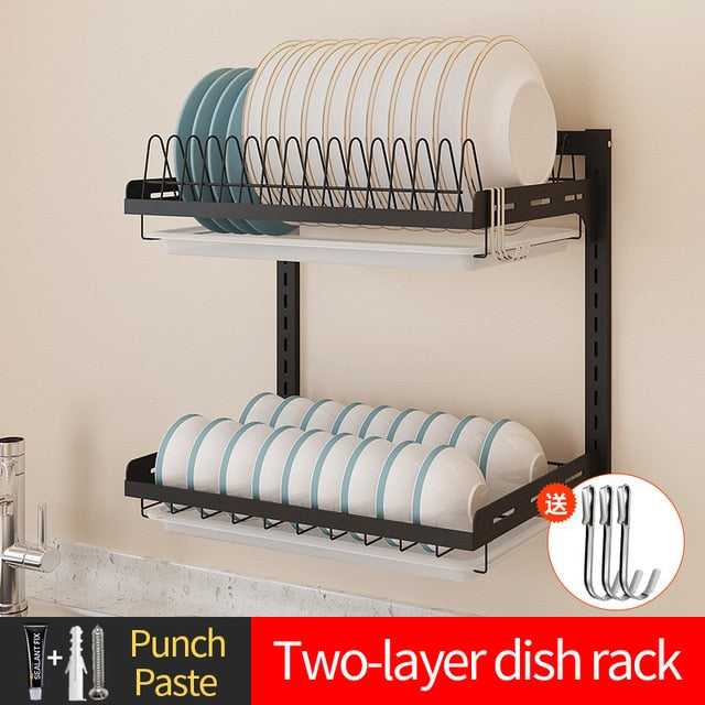 Black stainless steel kitchen rack wall hanging dish rack knife chopsticks drain rack punch / paste put bowl storage rack