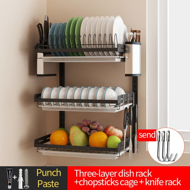 Black stainless steel kitchen rack wall hanging dish rack knife chopsticks drain rack punch / paste put bowl storage rack