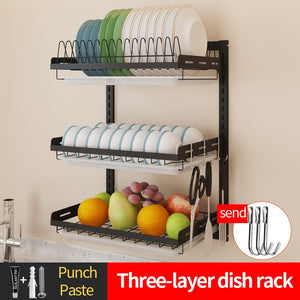 Black stainless steel kitchen rack wall hanging dish rack knife chopsticks drain rack punch / paste put bowl storage rack