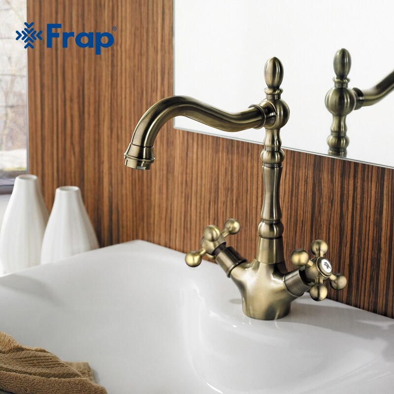 Frap Retro Style Double Handle Kitchen Faucet Tap Antique Brass Hot and Cold Water Tap 360 Degree Rotating F4019-4